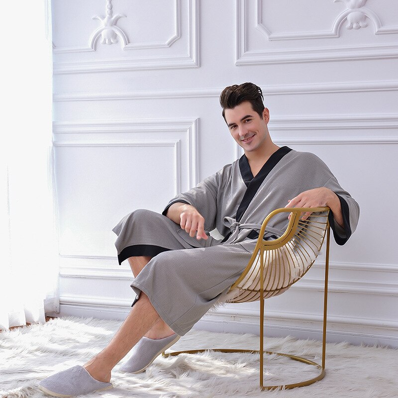 Mannen Nachtjapon Kimono Badjas Voor Man Casual Homewear Wafel Gewaden Herfst Winter Katoenen Kamerjas Nachtkleding Thuis Gewaad: Gray / XXL