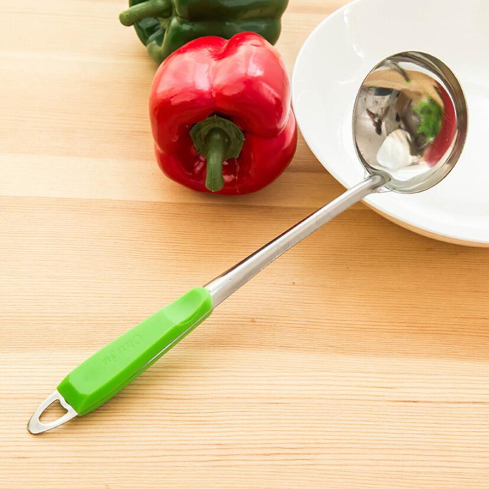 Escurridor de acero inoxidable, colador, cuchara de sopa, cucharón de sopa, utensilios de cocina, mango, colgante de pared, Color caramelo, herramientas de cocina, accesorios: green Soup spoon