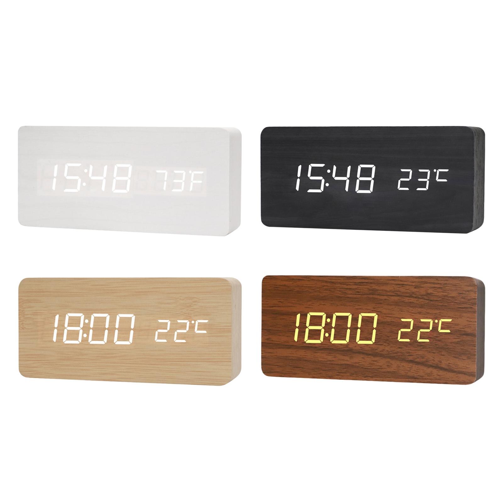 Large Digital Alarm Clock Battery Powered/USB Temperature Date Display Thermometer 3 Alarm Setting Wooden LED for Tabletop Kids