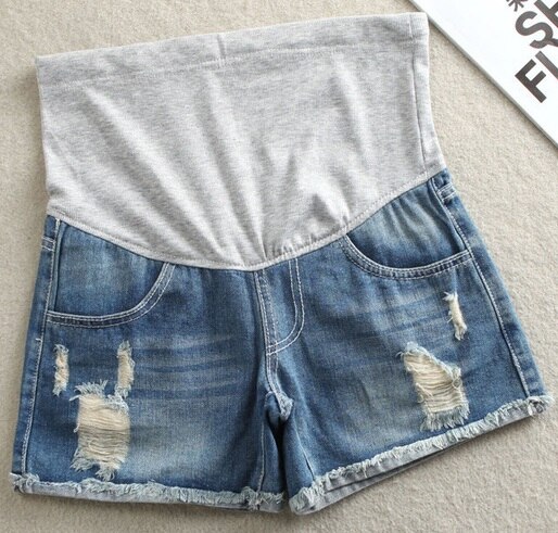 Pantalones cortos premamá de mezclilla, cortos de algodón para el embarazo, ajustados, con agujeros, elásticos: L