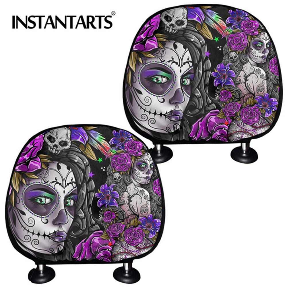 INSTANTARTS Day of Dead Car Seat Headrest Covers Sugar Skull Pattern Breathable Protective Rest Cushion Covers Universal: HTAA0220D1