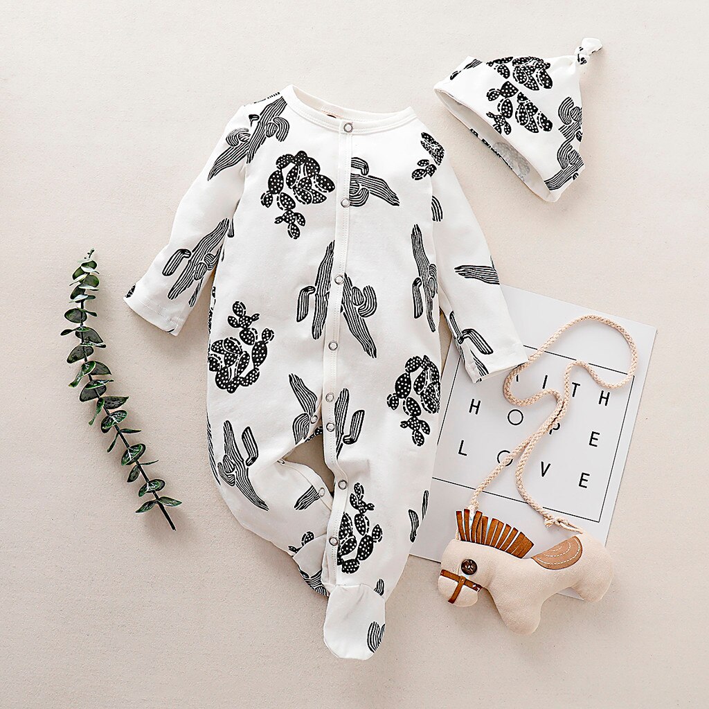 Toddlers Baby Boys Footies Clothes Newborn Infant Baby Boy Girl Floral Romper Jumpsuit Sleepwear Hat Outfits Set Infant Clothing