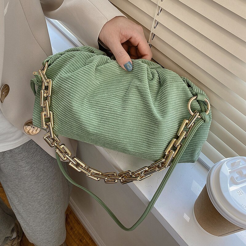 Moda sztruks gruby łańcuch kobiet torebki projektant luksusowe torby na ramię Crossbody torebki Ruched Hobos bagietki torba pani Tote: zielony