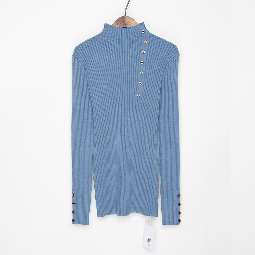 Geribbeld Mock Hals Trui Vrouwen Winter Gebreide Lange Truien Vrouwen Trui Jumper Met Zijknoppen: Peacock blue