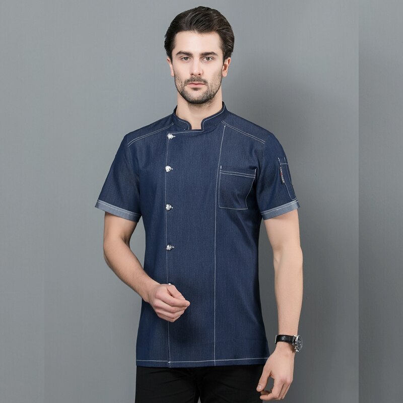 Summer Chef Uniforms Food Service Restaurant Kitchen Workwear Women Men Short Sleeve Catering Jackets Tooling Uniform: Blue / 4XL