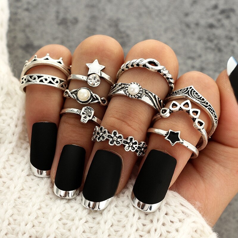 HI MAN 14 Pcs/Set Neo-Gothic Mixed Yin Yang Figure Feather Elephant Star Moon Sun Ring Women Personality Vintage Jewelry: HJJ1385
