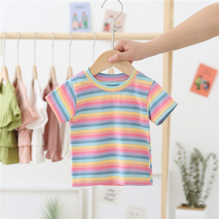 T-shirt da bambina 2022 Summer New Rainbow Stripe T-shirt per bambini Top coreano manica corta ragazza P6242: 1 / 3T
