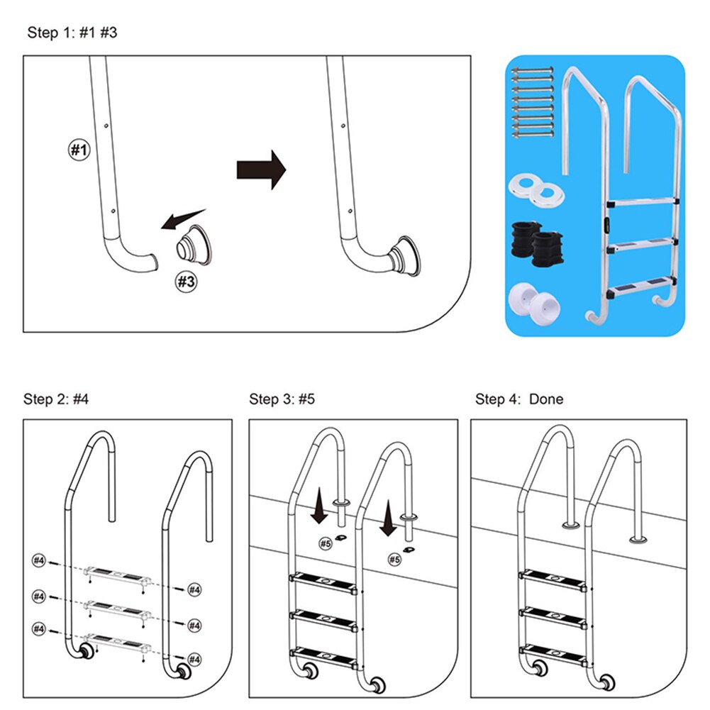Échelle de piscine en acier inoxydable, marches antidérapantes, accessoires de piscine, outils