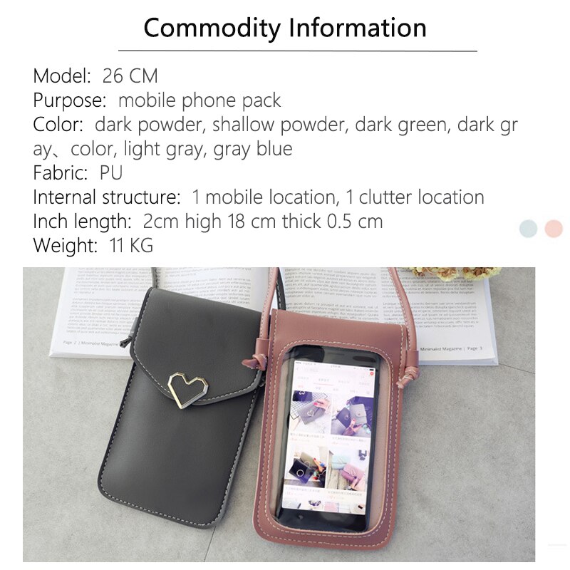 Pekskärm mobiltelefonväska kvinnors hjärtformade dekorativa genomskinliga enkla retro telefonväska dagligen hjärtformad