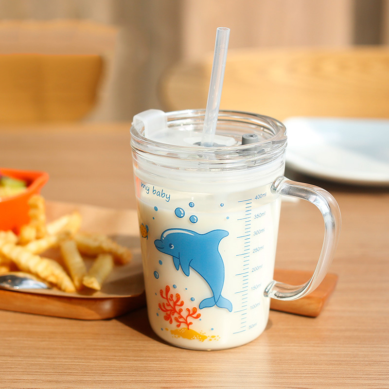 Taza de leche para niños, taza de cristal para el hogar, taza para el desayuno, copa de paja de 450ml: 5