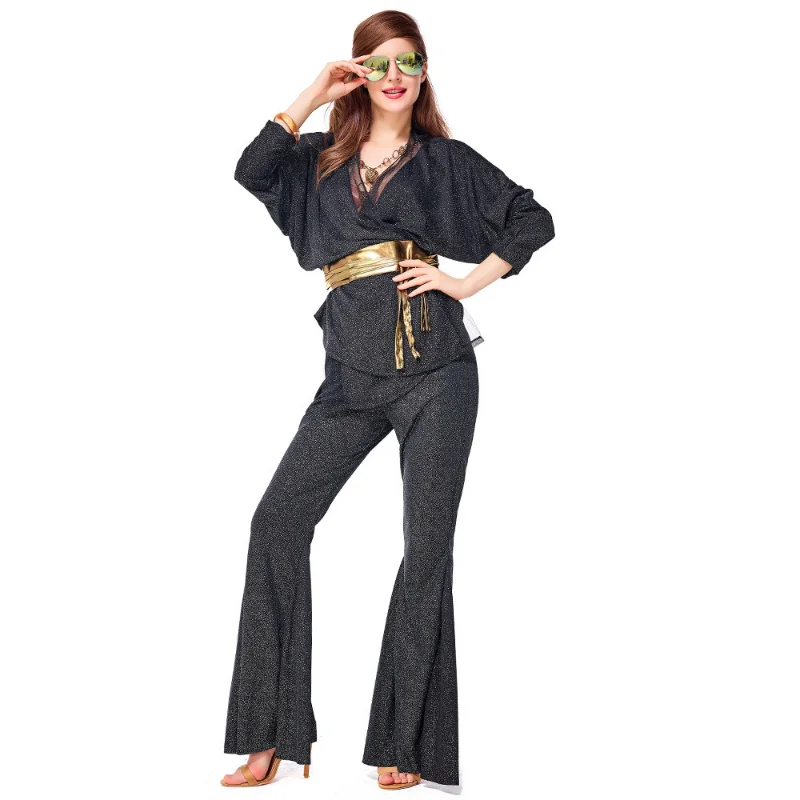 Halloween Retro 70s 80s Hippie Disco Dazzler Costume for Adult Women Wrap Top Bell Bottom Set Glitter Black Costumes: XL