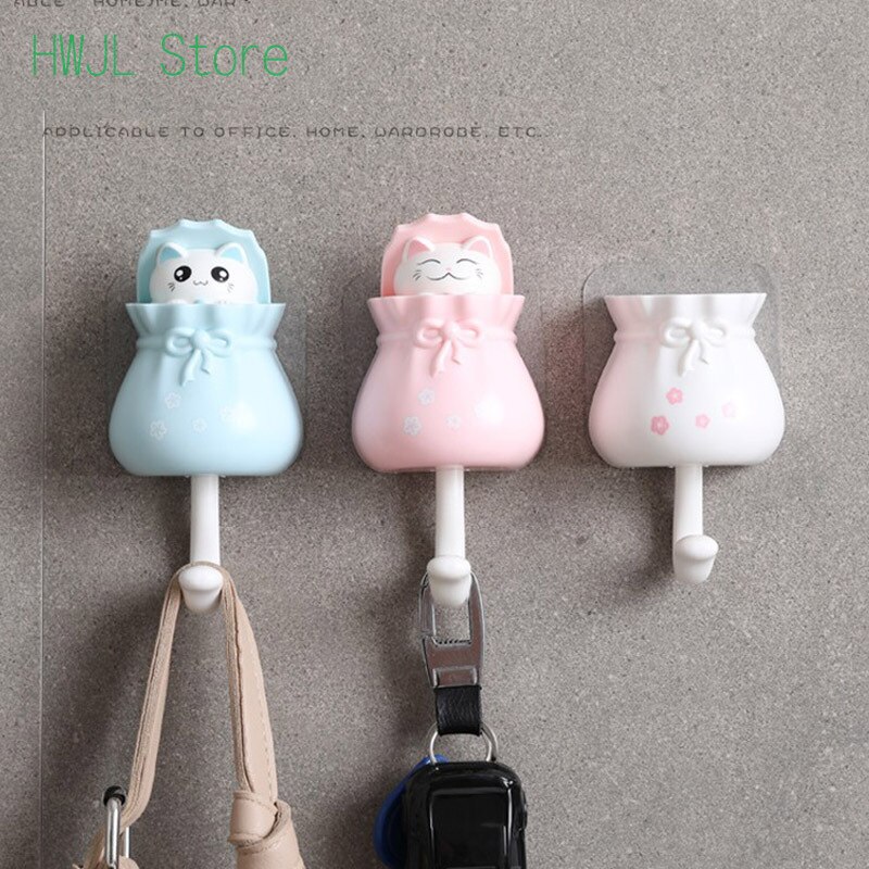 Sac en forme de chat porte-bonheur Kawaii, crochet de porte-clé arrière, crochet mural auto-adhésif décoratif pour rangement de salle de bain