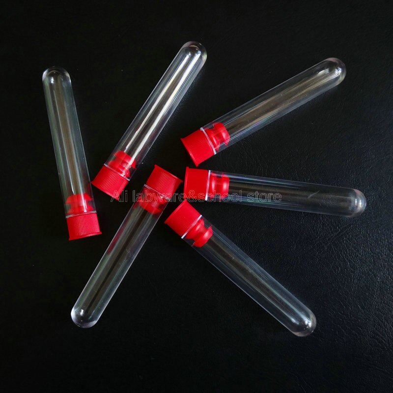 100 stks/partij 12x60mm Lab Ronde Bodem Plastic Reageerbuizen Met Rode Caps School Labware Levert