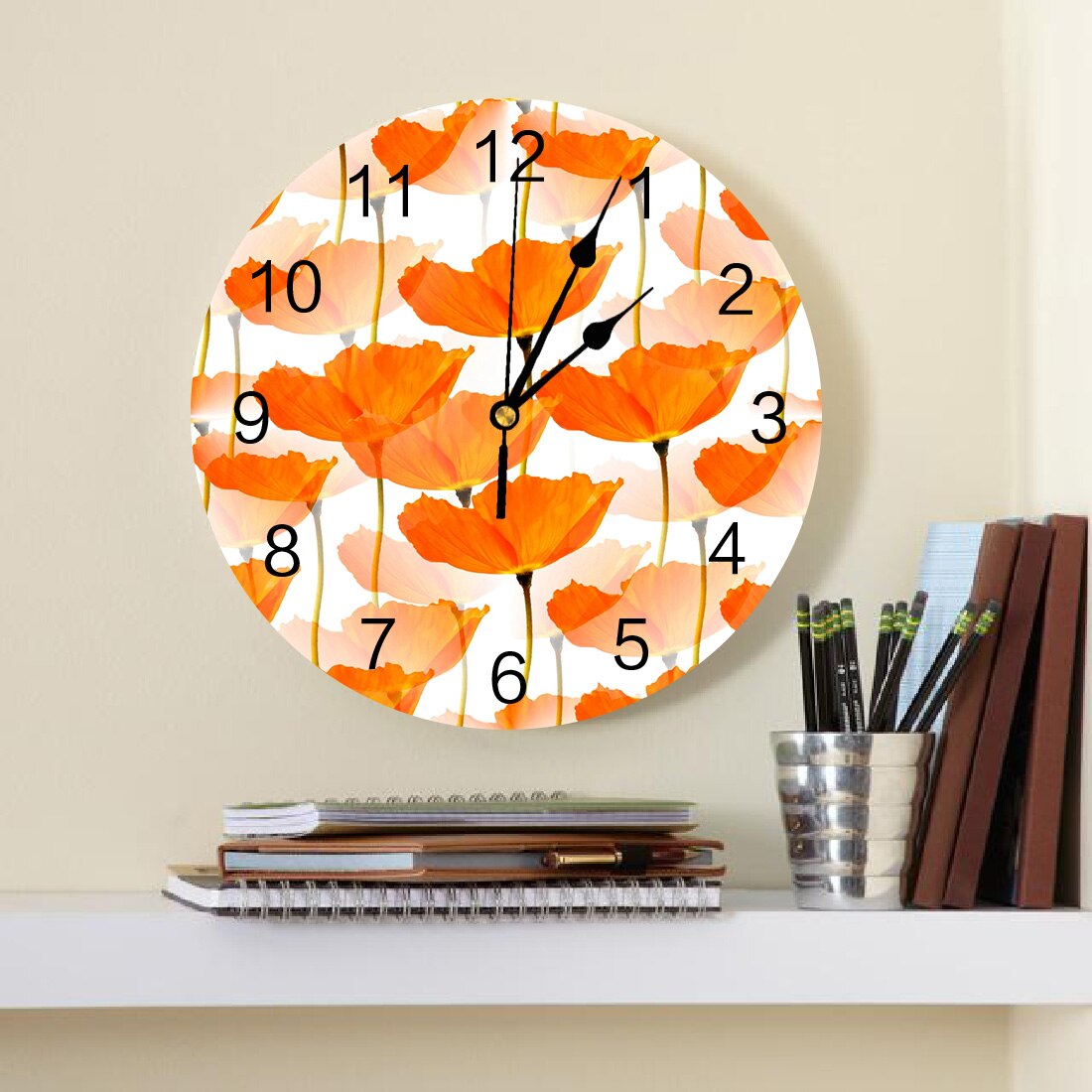 Horloge murale numérique avec coquelicots orange sur fond blanc, décoration d'intérieur, chambre à coucher, silencieuse
