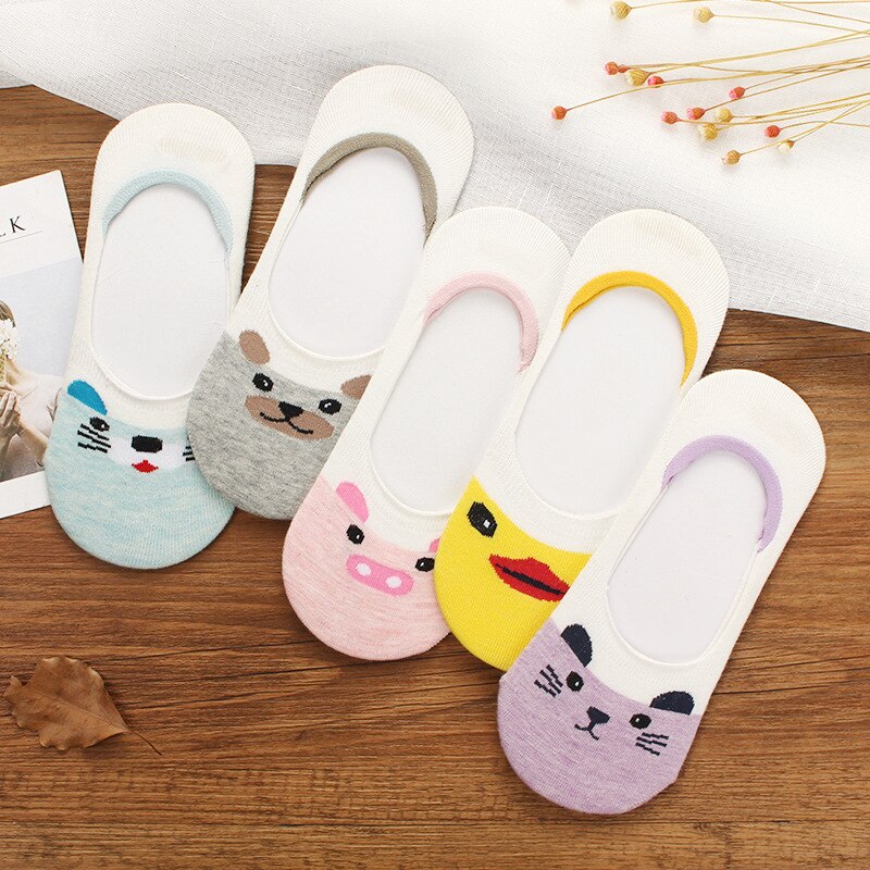 10 pieces = 5 pairs/lot Women&#39;s Invisible Socks Summer Cute Harajuku Animal Sock Cat Bear Rabbit Funny Low Cut Ankle Happy Socks
