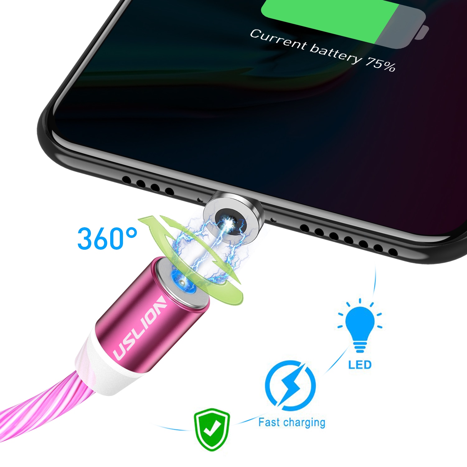 Cabo usb magnético de led uslion para celular, fio para carregador com micro usb tipo c para carregamento rápido para iphone samsung s10