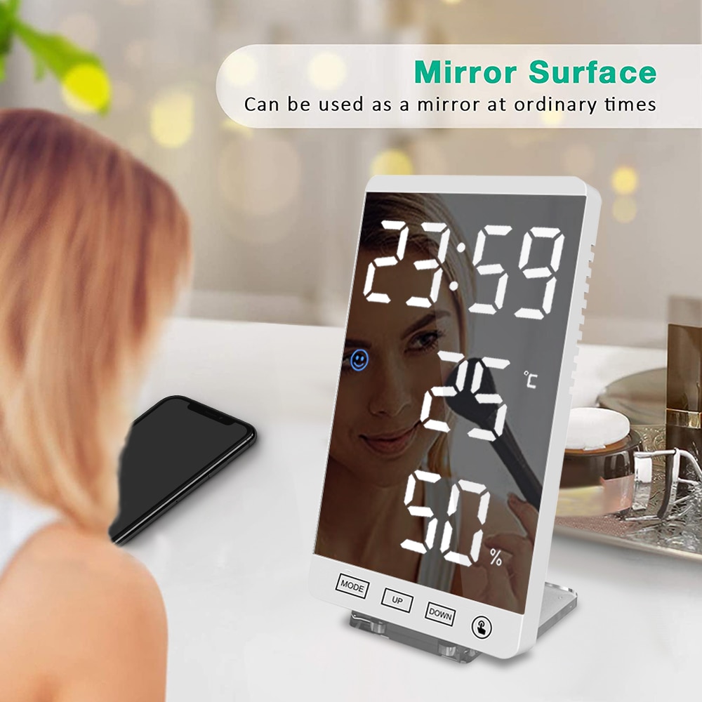 6 tommer led spejl vækkeur berøringsknap væg digitalt ur tid temperatur fugtighed display usb udgang port bordur