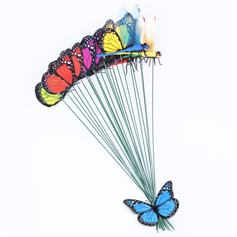 24PCS Kunstmatige Vlinder Dragonfly Simulatie Dier Stakes Tuin Yard Plant Gazon Decoratie Nep Vlinders Willekeurige Kleur