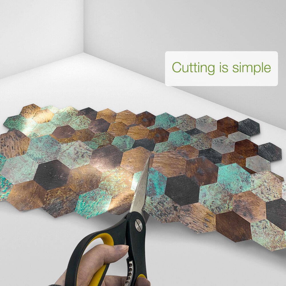 Funlife® AMERICAN STYLE™14pcs Hexagon Copper Metal Backsplash Waterproof Tile Stickers Floor Makeover Sticker furniture Bathroom