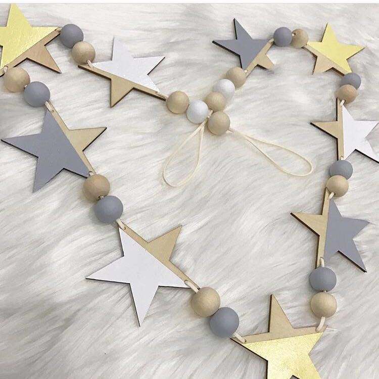 Ins Nodic Wooden Stars String Ornaments Newborn Baby In The Crib Infant Room Wall Decor Photography Props Baby Bedroom Decor