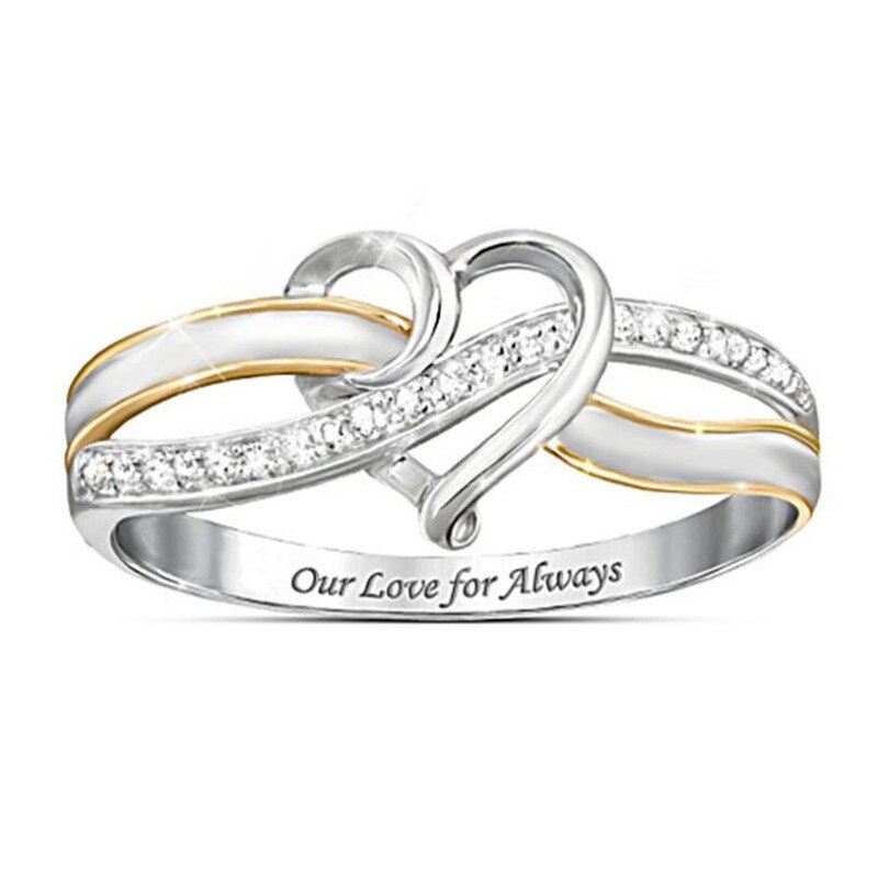 two-color love heart zircon lettering women's ring romantic Valentine's Day banquet wedding jewelry