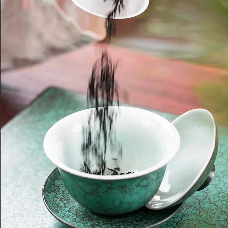 Retro Craft Pottery Gaiwan Tea Set Handmade Tureen Cup with Saucer Lid Bowl Cover Set Supplies Ceramics Tea Set Decoration