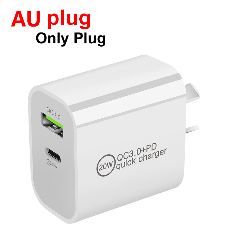 PD20W + QC3.0 caricabatterie a ricarica rapida per IPhone13 12 caricabatterie a doppia porta IPhone 12 11 Pro XR XS Max 6 7 8 IPad Huawei Xiaomi Samsung: AU plug