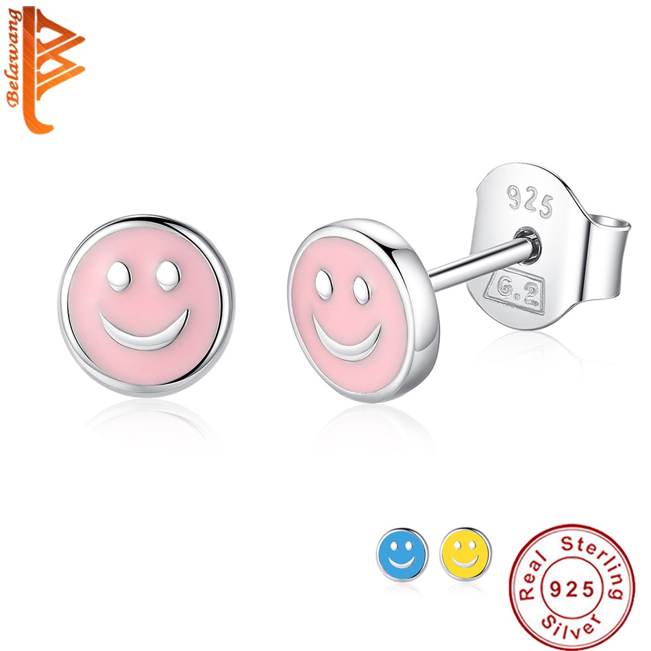 Belawang 925 Sterling Zilver Stud Oorbellen Voor Vrouwen Meisjes Roze Geel Enamel Glimlach Gezicht Oorbellen Sieraden Voor Kids Kinderen