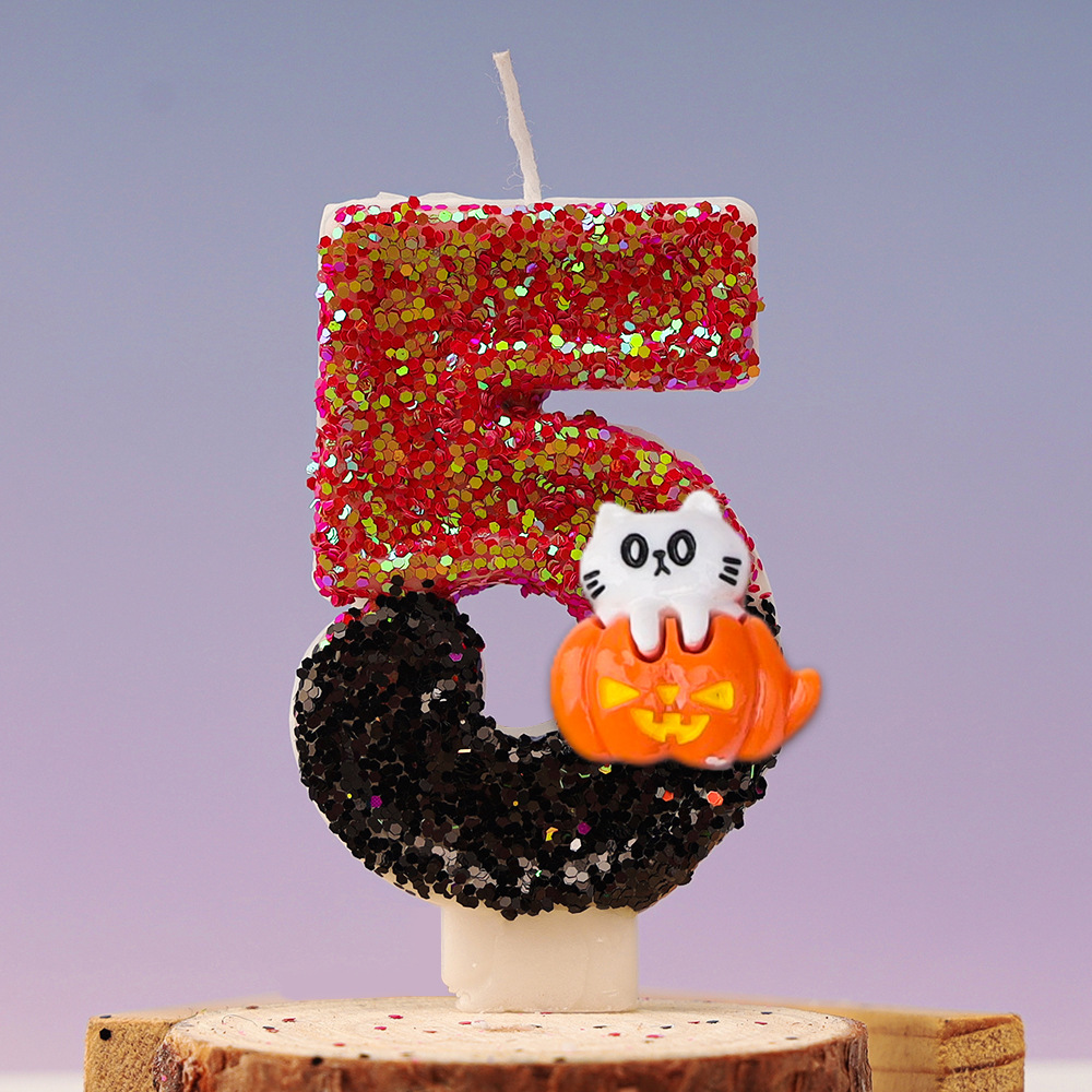Velas de cumpleaños para niños, 1 piezas, bonito gato, calabaza, número 0-9, Festival de Halloween, vela de lentejuelas, Decoración de Pastel de 1 año: Crema