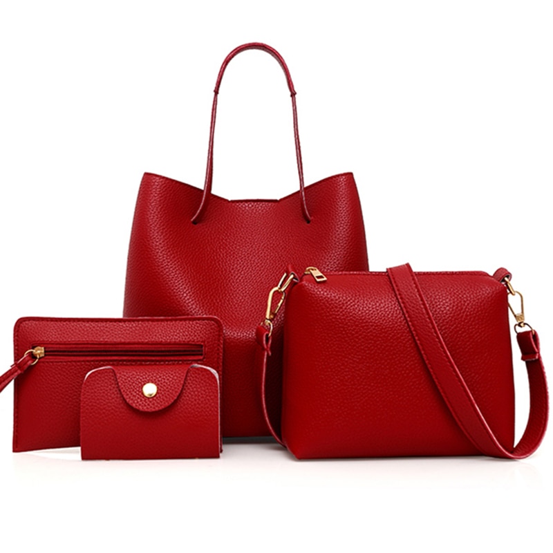 4PCs/set Women's Bag Solid Shoulder Bag Top-Handle Big Capacity Female Handbag Shoulder Bag Ladies PU Crossbody