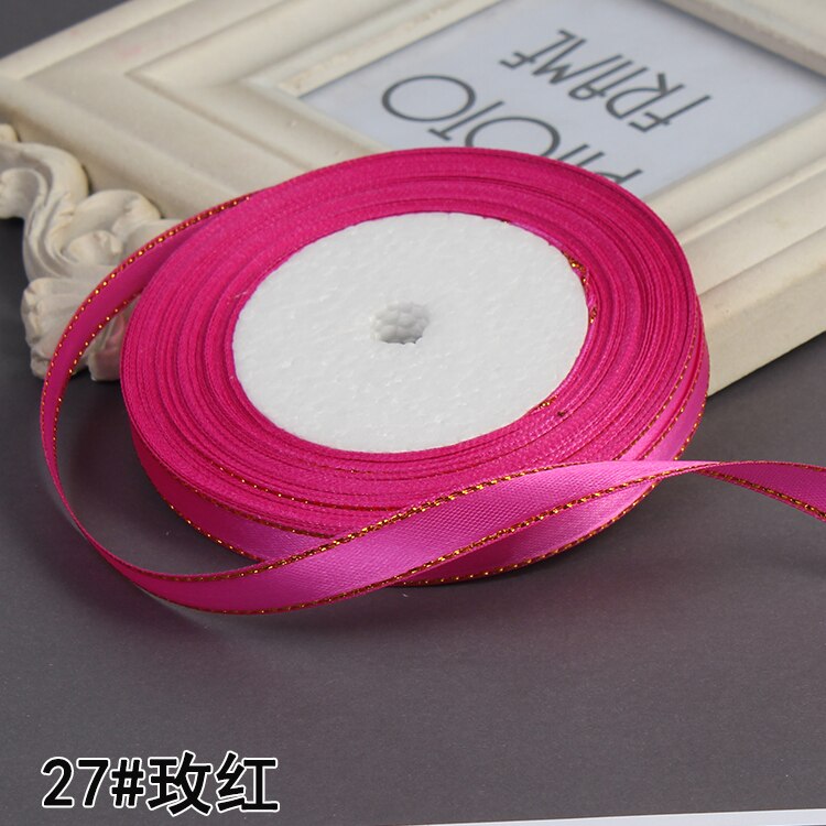 3/8" 10mm 25yards Gold Edges Satin Ribbon Wedding Happy Birthday Box Packaging Decorations DIY Craft Bow: Hot Pink