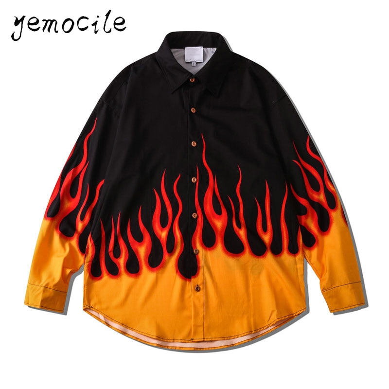 Flamme Gedruckt Hemd Paare Tragen Lässige Männer Frauen Hemden Harajuku Hüfte hüpfen Streetwear verlieren Langarm Blusen StreetWear