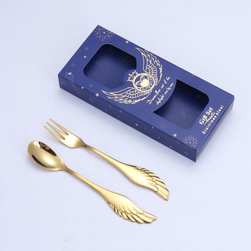 2 Pieces Dessert Spoon Fork 304 Stainless Steel Angel Wing Coffee Spoon Dessert Spoon Fruit Fork With Box: 06