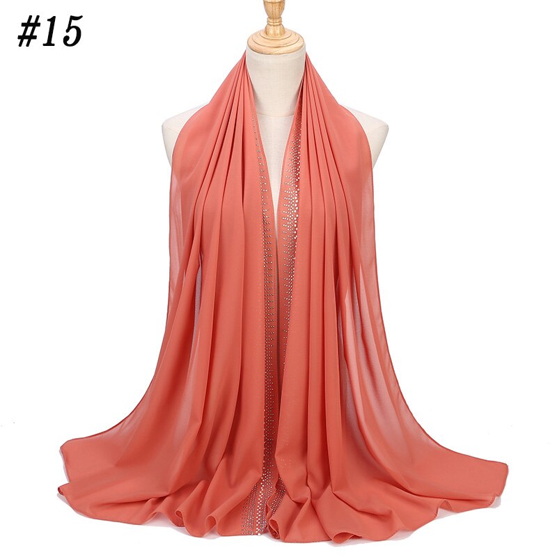 Bubbles Chiffon Scarf With Diamond Women Muslim Solid Color hijab Scarf Female Scarf Shawl Bead Wrap Muslim Hijabs: Color 15