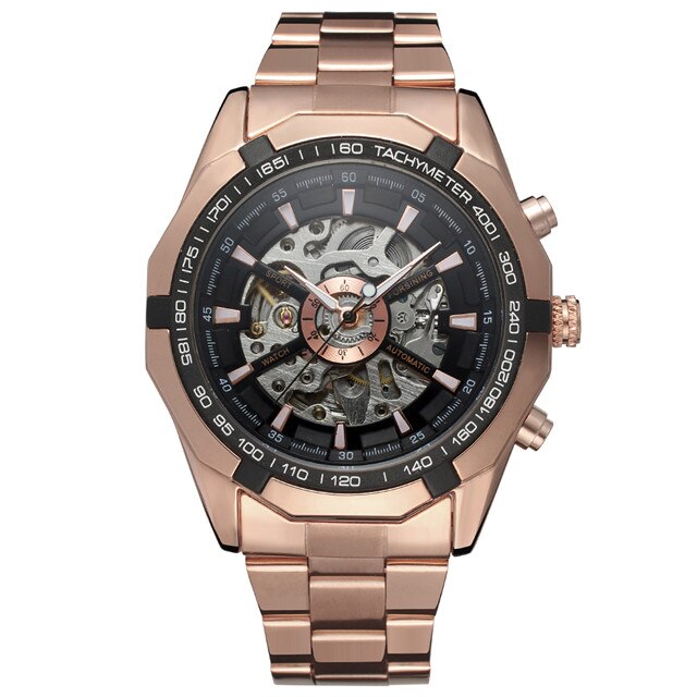 Full Golden Steampunk Men Skeleton Mechanical Automatic Casual Wrist Watches for Men: rose gold black