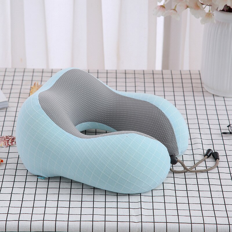 Almohada con relleno de espuma viscoelástica para el cuello, cojín magnético en forma de U para viajes, oficina, almuerzo, Coche: blue grid