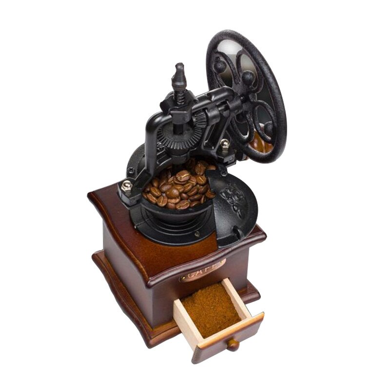 Klassisk træ manuel kaffekværn hånd støbejern retro håndlavede kaffebønner krydderi mini burr møller køkkenværktøj