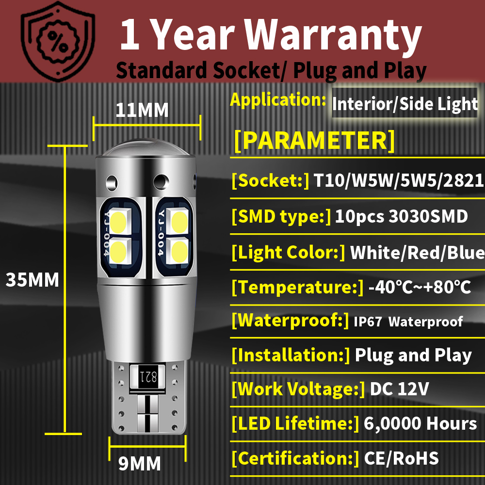 2 uds Canbus T10 W5W 5W5 WY5W LED 3030 10-SMD bombilla de luz de estacionamiento de posición lateral para VW T4 T5 Golf Tiguan Jetta City Touran Passat