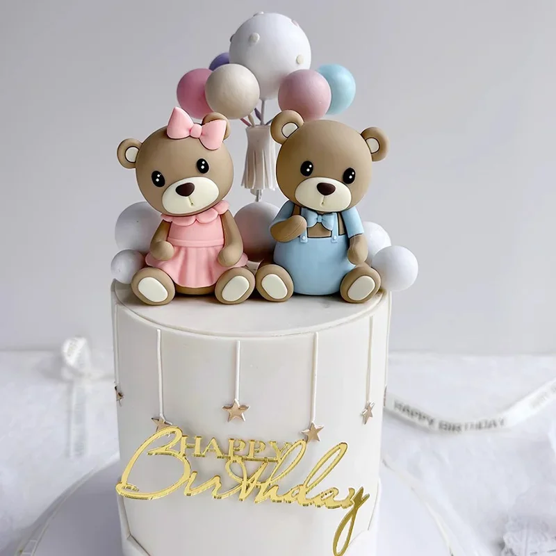 3d schattige roze en blauwe mini-beertjes als taarttoppers met teddybeer-thema voor een jongen of meisje, perfect voor een verjaardagstaart, babyshower of 1st feest met een beertje als decoratie.