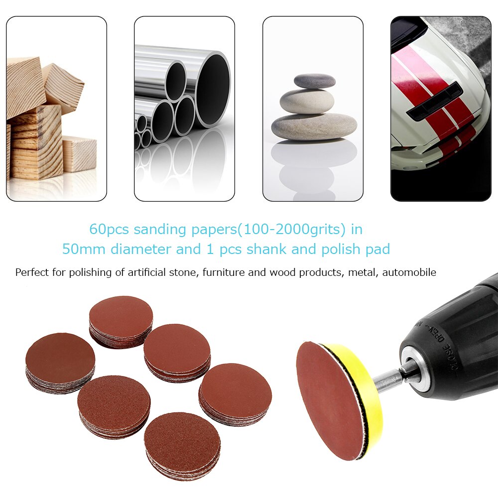 60pcs 100/240/600/800/1000/2000 Grits Sanding Disc Set 2inch 50mm+ Loop Sanding Pad with 3mm Shank For Polishing Cleaning Tools