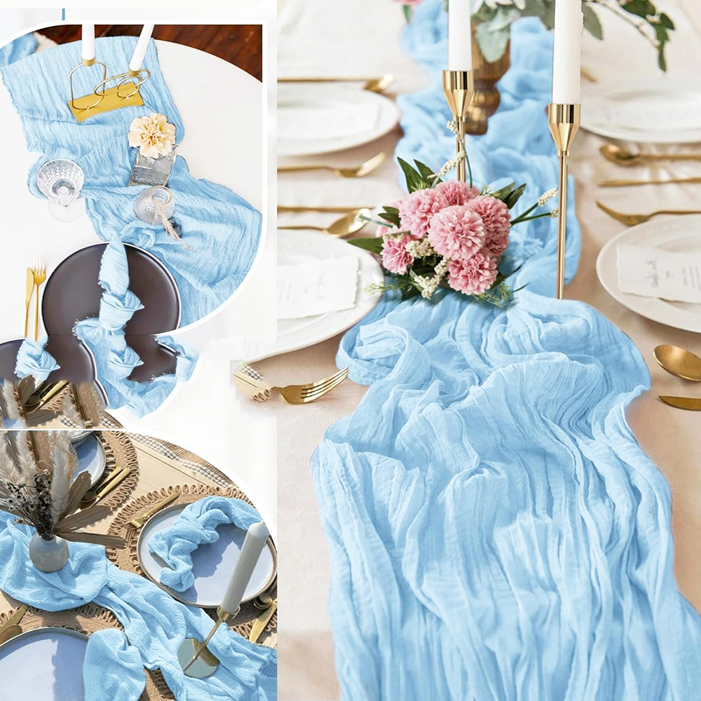 Rosa blå ostduk bordslöpare rustik gasväv boho ljusrosa ostduk bordslöpare bröllop brud babyshower dekorationer