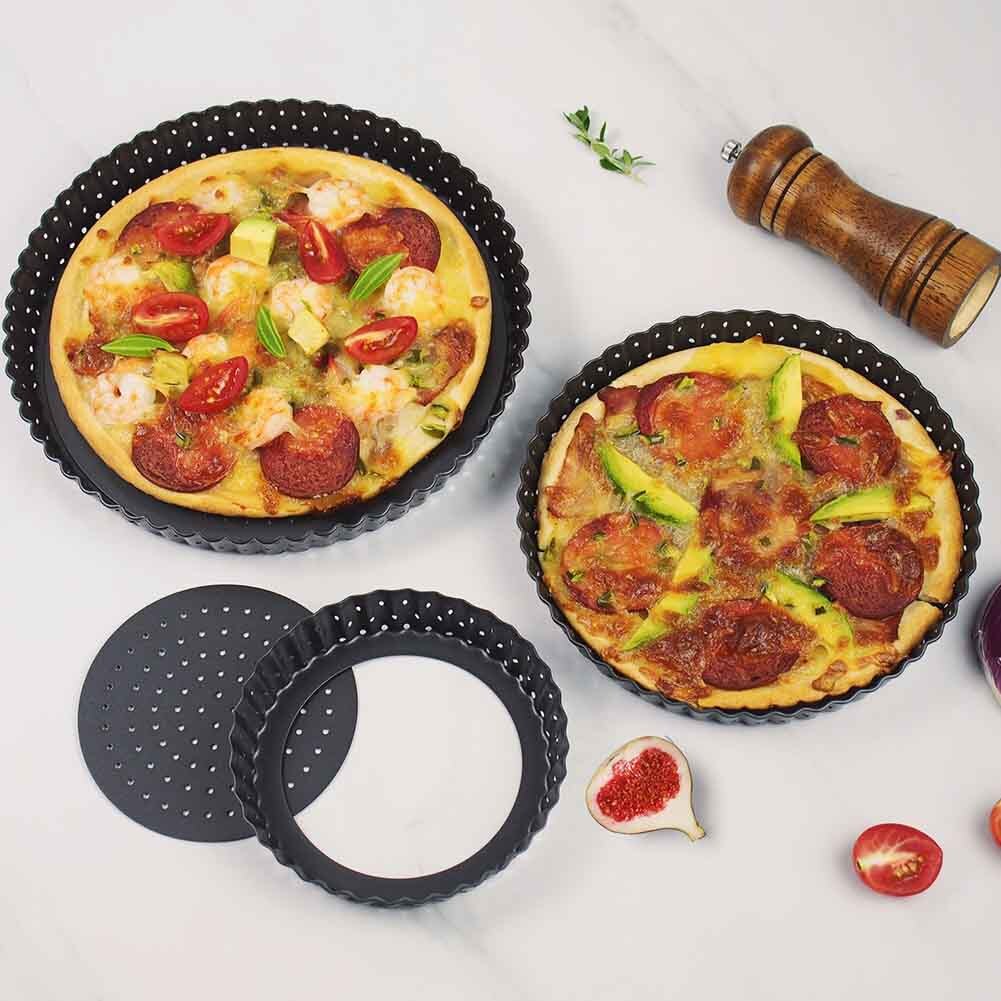 Perforeret tærte quiche bagværk hjemmetærte ikke-pizzapizzapande rund kulstofstål multifunktionelt med aftagelige bundværktøjer