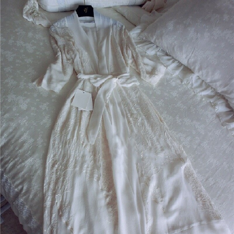 Babie lato damska luksusowe głębokie V miękki jedwab szaty rękaw 3/4 kwiatowy koszule nocne ubrania domowe 032: L