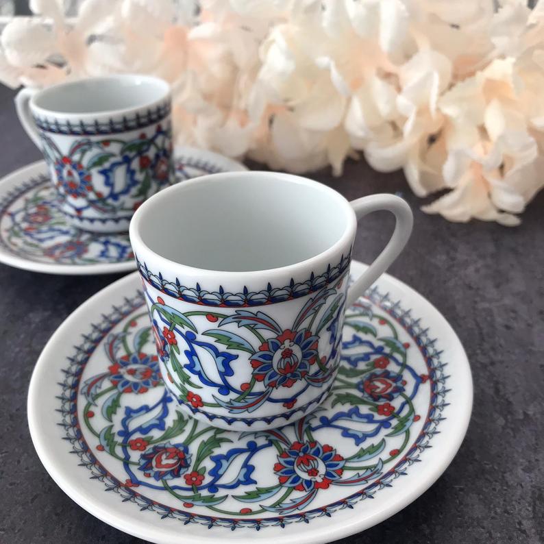 Set Van 2 Turkse Koffie Porseleinen Kopjes Traditionele Keramische Koffie Mokken Beste Home Decor Demistasse Espresso Türk Kahvesi: FLORAL-1 (2 pcs)