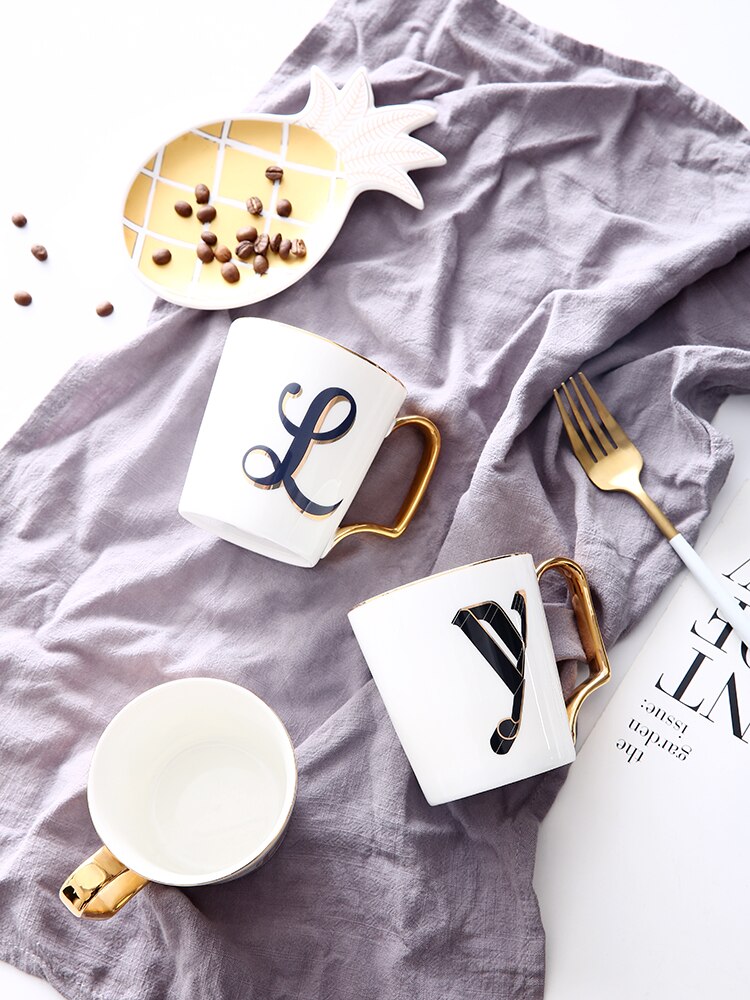 EWAYS – tasse à café en porcelaine avec poignée dorée, pour Couple, avec lettres créatives, d'anniversaire et de mariage