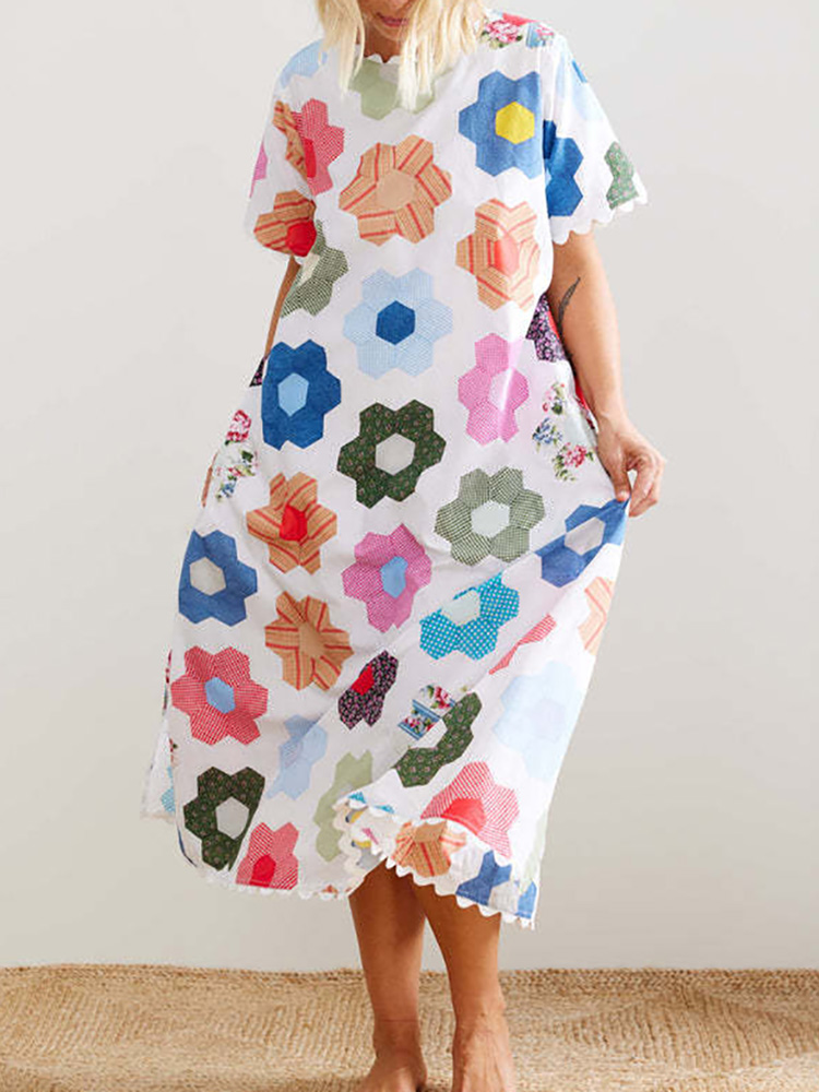 O Neck Casual Female Patchwork Maxi Dress, Women Summer Short Sleeve Chic Party Dress, Printed Ladies Dress