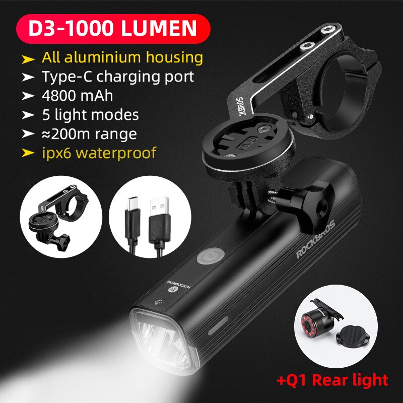 ROCKBROS Bike Front Light IPX6 Waterproof USB Rechargeable Bicycle Light 1000LM Cycling Headlight LED 4800mAh MTB Flashlight: D3 and holder Q1