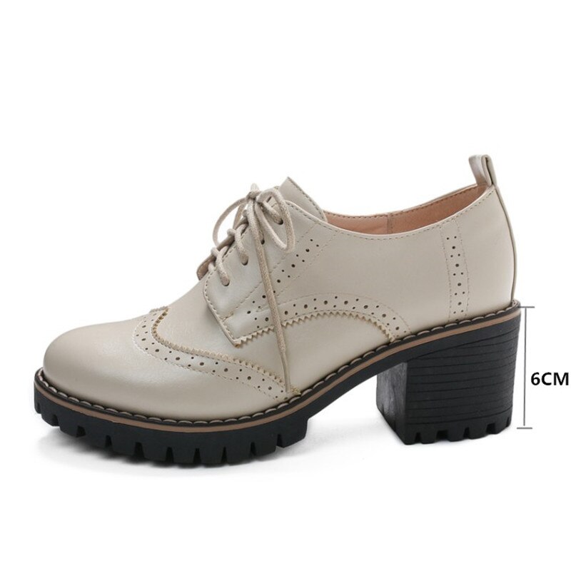 PXELENA britannique Vintage femmes richelieu chaussures gros bloc talons hauts pompes à lacets bureau dame quotidien Oxfords Wingtip Fretwork 43