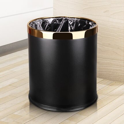 Metal Trash Can Home Office Wastebaskets , Double Layer 10L 14L Open Top Round Gabarage Can for Bathroom Kitchen Hotel Waste Bin: black lacquer gold r