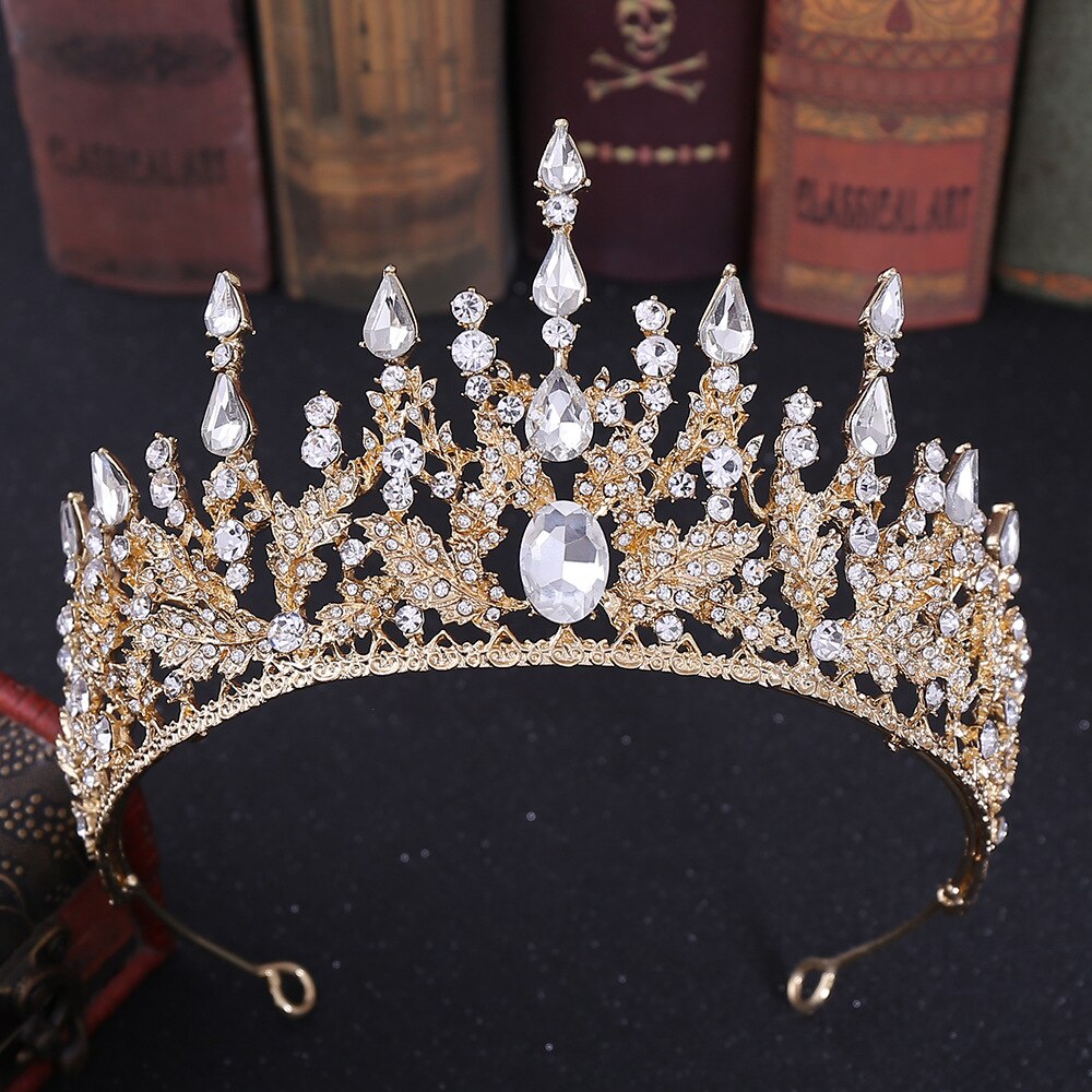 Tiara de cabelo para noiva, tiara de cristal de bronze retrô barroca para noiva, coroa, strass paga, diadema, tiara de véu para casamento, acessórios de cabelo: Gold White